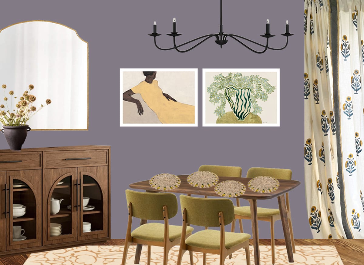 Design rendering of a dining room with heather-grey walls, a walnut sideboard, olive chairs and block-print curtains