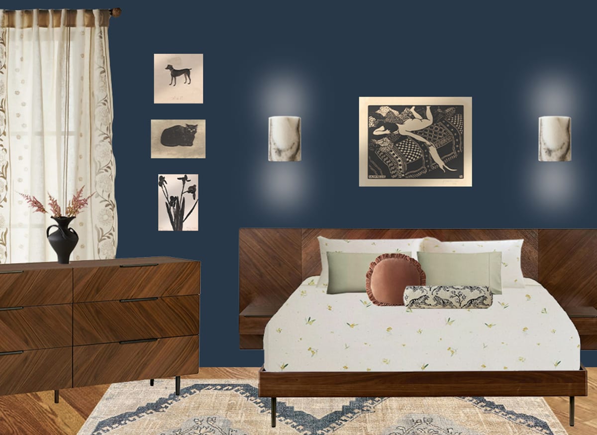 Design rendering of a bedroom with deep navy walls, a walnut headboard, framed prints and a patterned rug